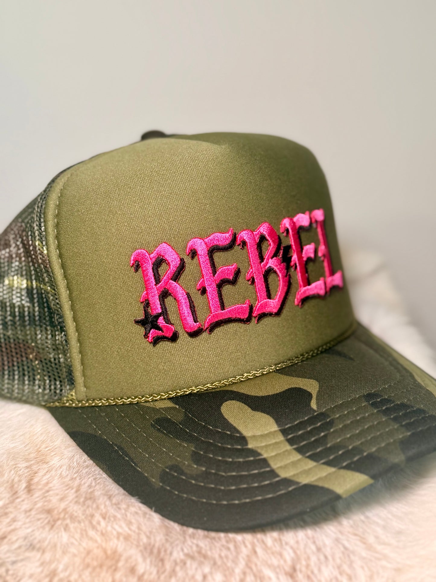 Rebel Camo Trucker Hat | Pink Embroidered Rebel Hat | Trendy Western Boutique Snapback