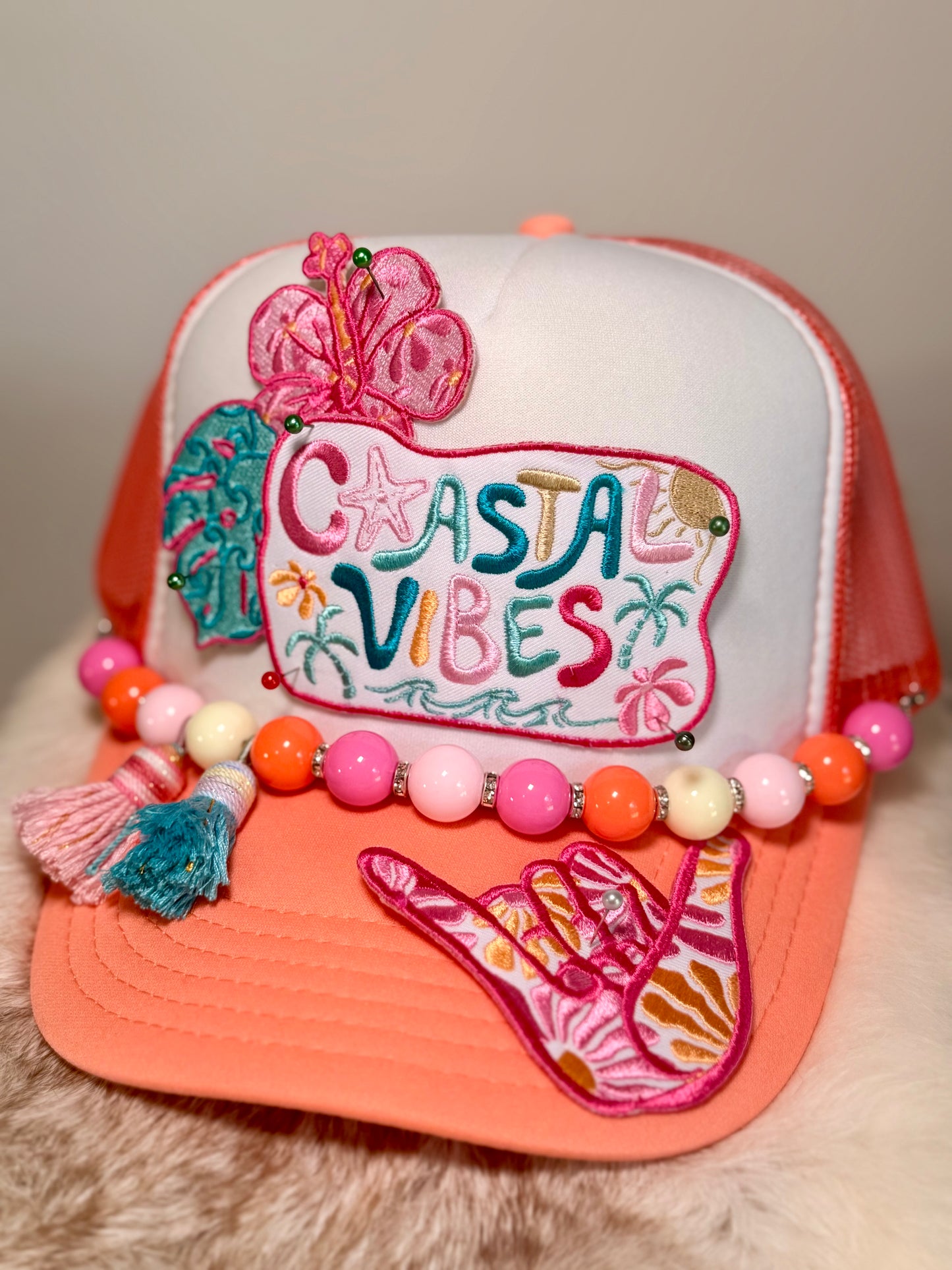 Coastal Vibes Trucker Hat | Beach Vacation Hat | Tropical Boutique Hat with Beaded Tassels