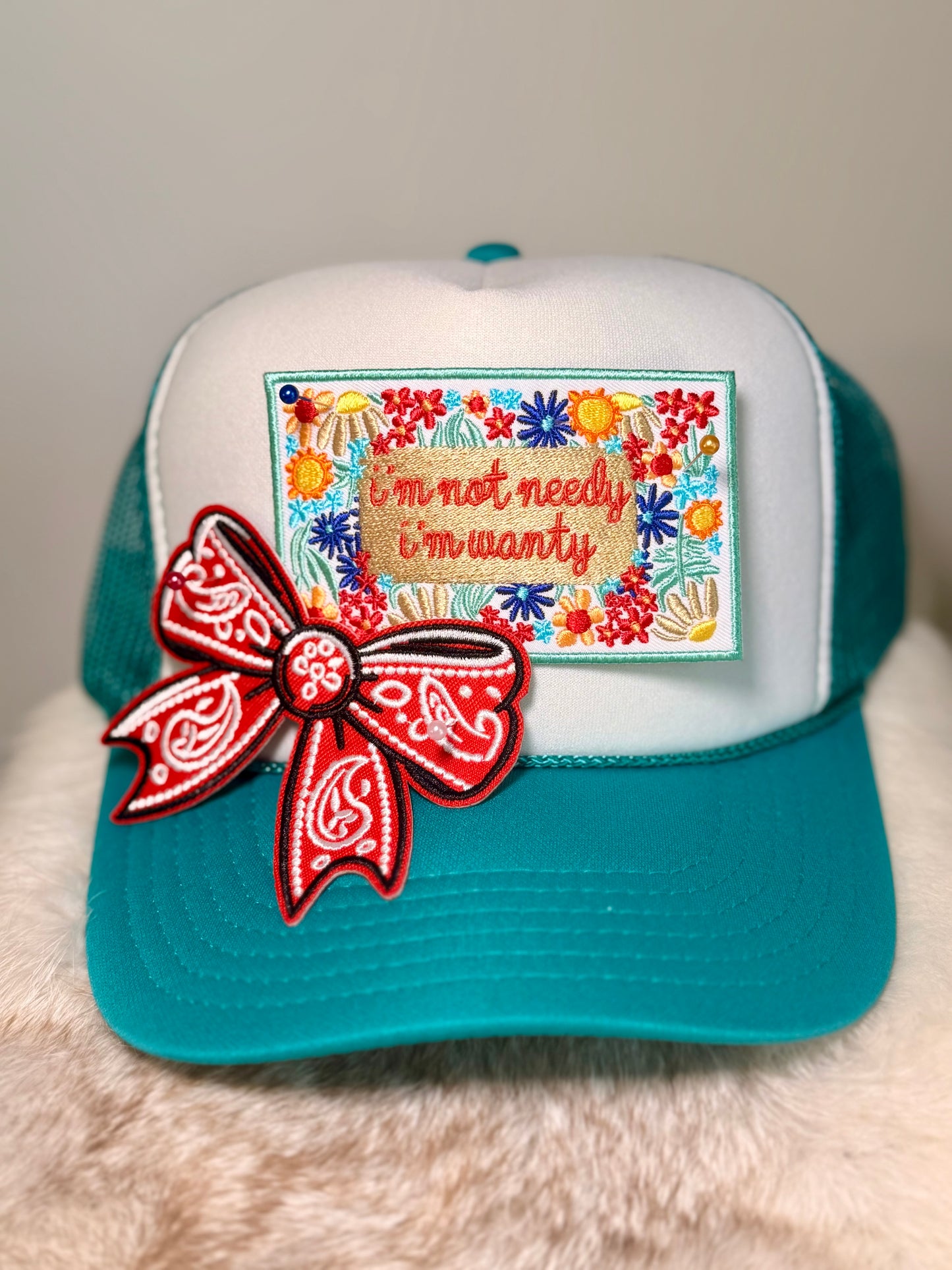 I’m Not Needy I’m Wanty Trucker Hat | Teal Floral Trucker Hat with Red Bandana Bow | Funny Boutique Hat