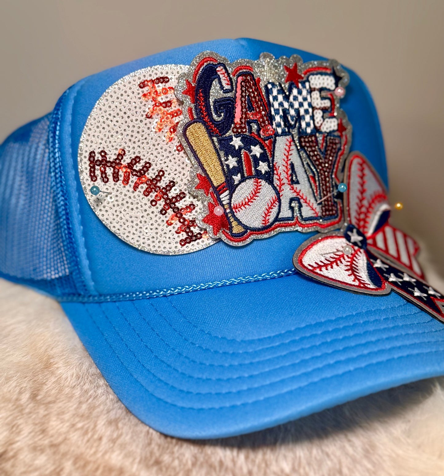 Game Day Baseball Trucker Hat | Patriotic Baseball Bow Hat | Red White Blue Sequin Baseball Hat | Sports Mom Hat