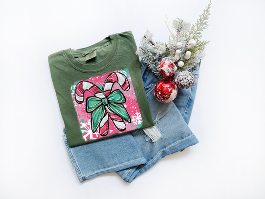 Candy Cane Bow Christmas Comfort Colors Tee