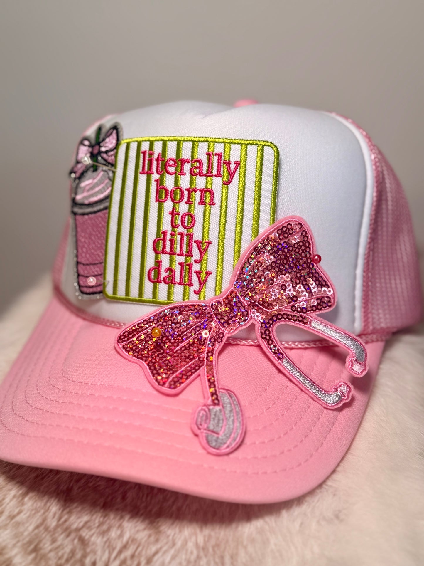 Literally Born to Dilly Dally Nurse Trucker Hat | Pink Stethoscope Bow Coffee Hat | Cute Healthcare Gift