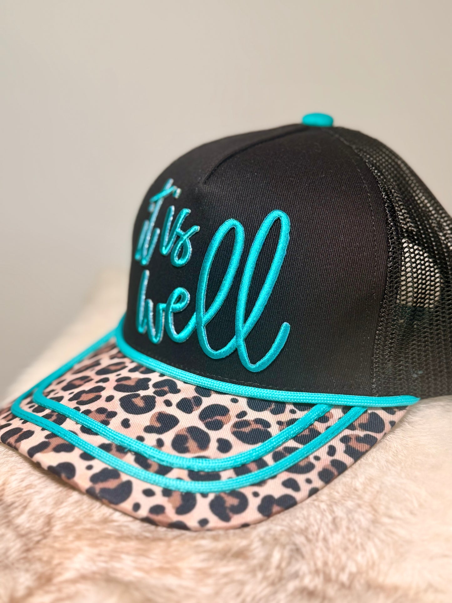 It Is Well Trucker Hat | Leopard Print Christian Hat | Faith-Based Boutique Snapback for Women