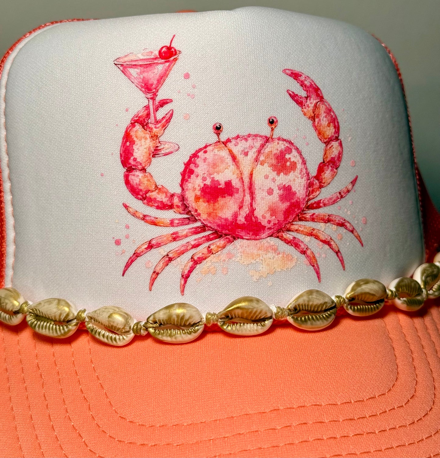 Pink Coastal Crab Trucker Hat | Beach Cocktail Hat with Gold Shell Detail | Boutique Summer Snapback