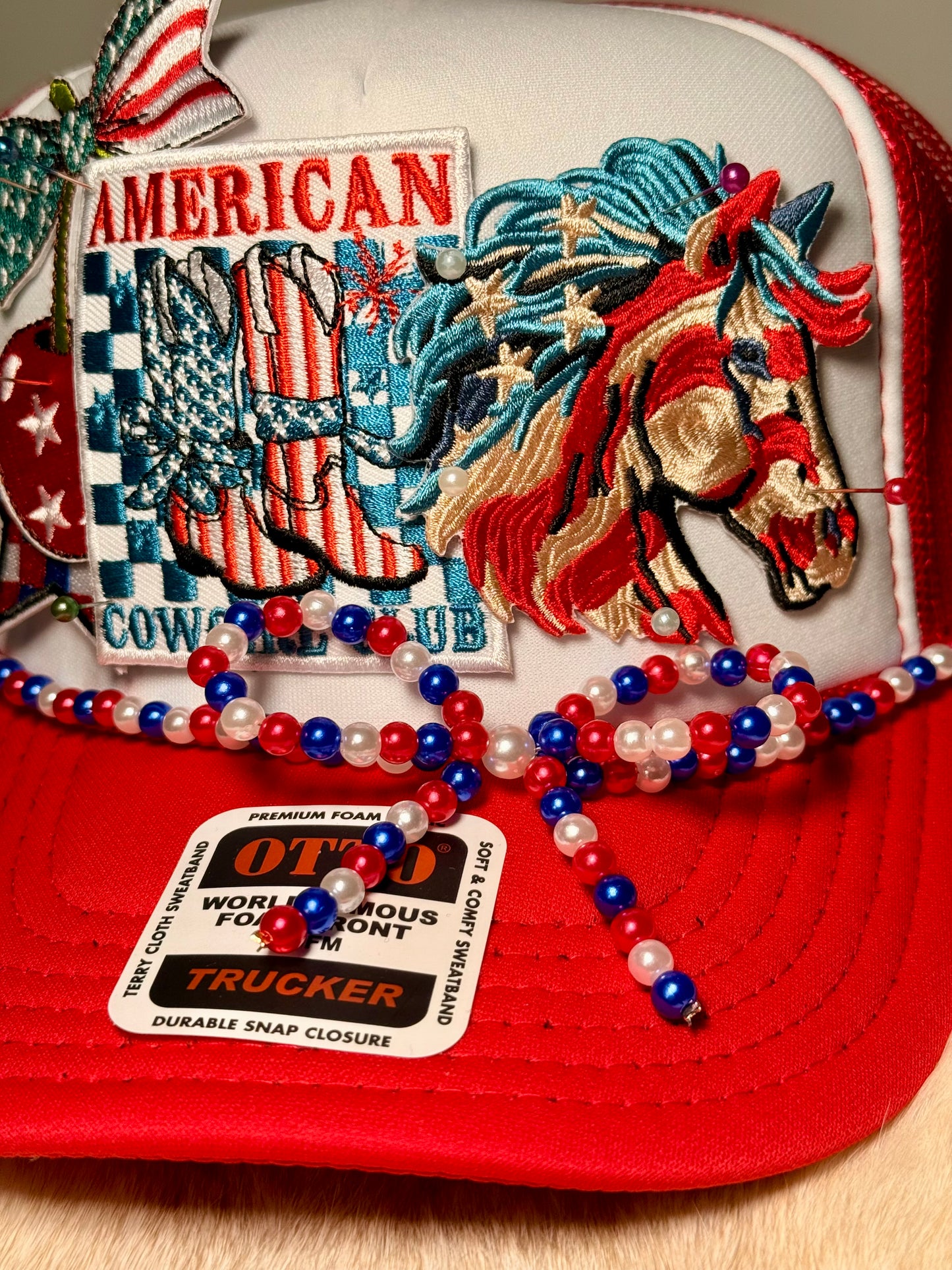American Cowgirl Trucker Hat | Patriotic Western Hat | Red White Blue Rodeo Glam Snapback