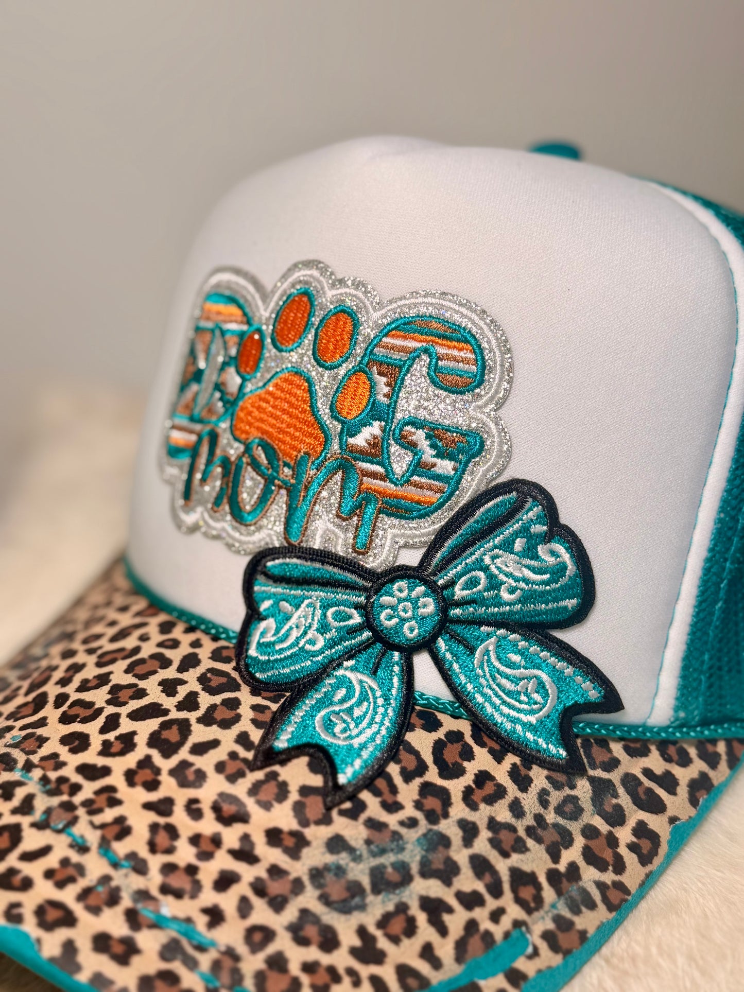 Dog Mom Trucker Hat | Leopard Print Dog Lover Hat | Teal Boutique Snapback with Bow