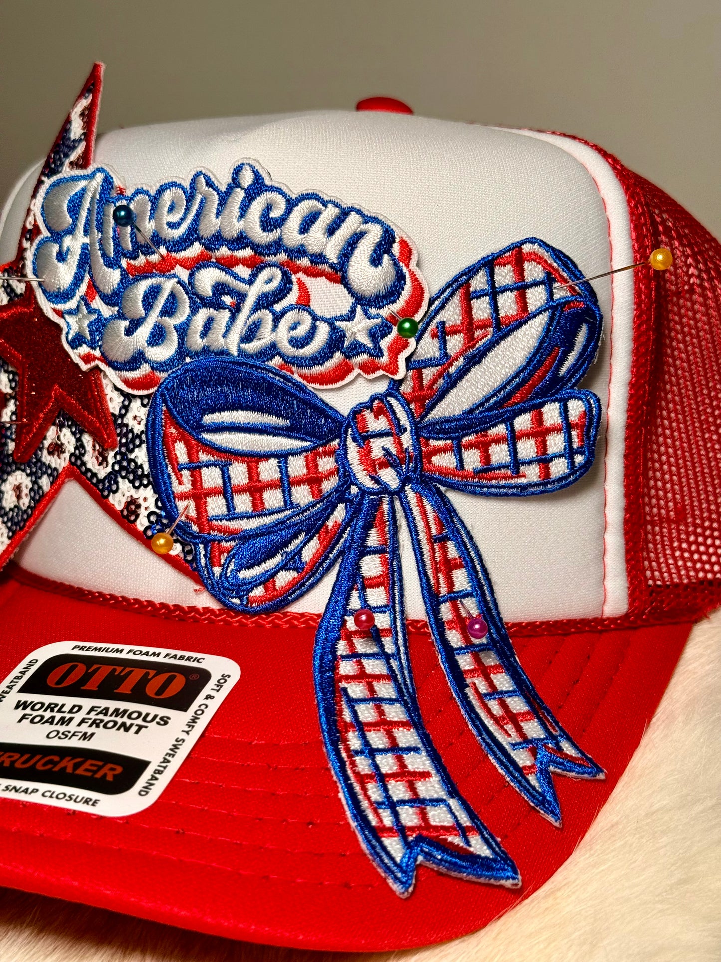 American Babe Trucker Hat | Patriotic Bow Hat | Red White Blue Sparkle Snapback