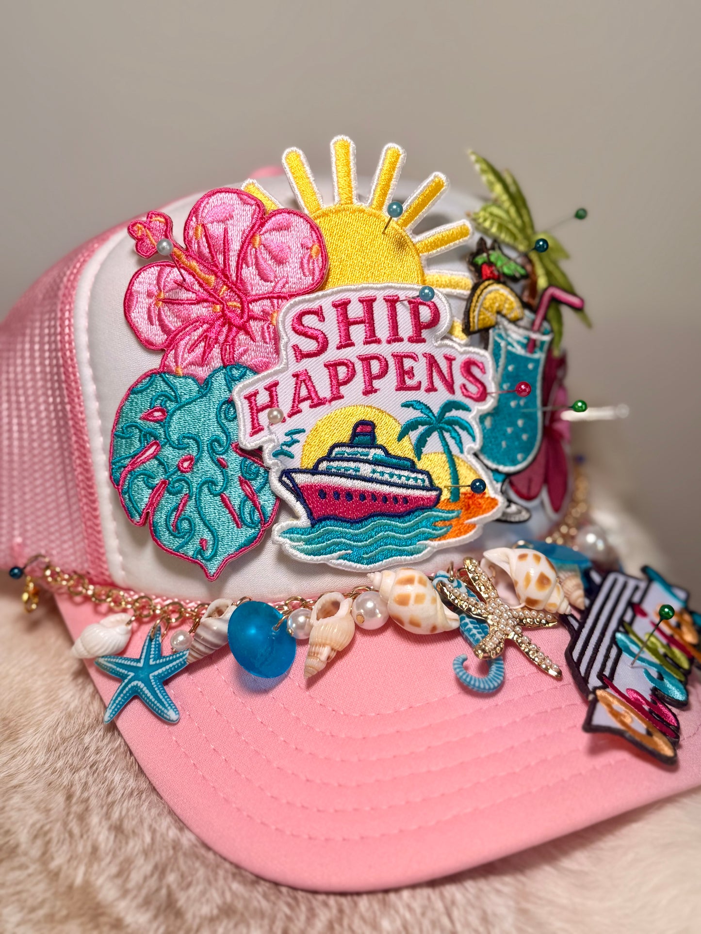 Oh Ship Cruise Trucker Hat | Cruise Vacation Hat | Tropical Beach Hat with Seashell Beaded Trim