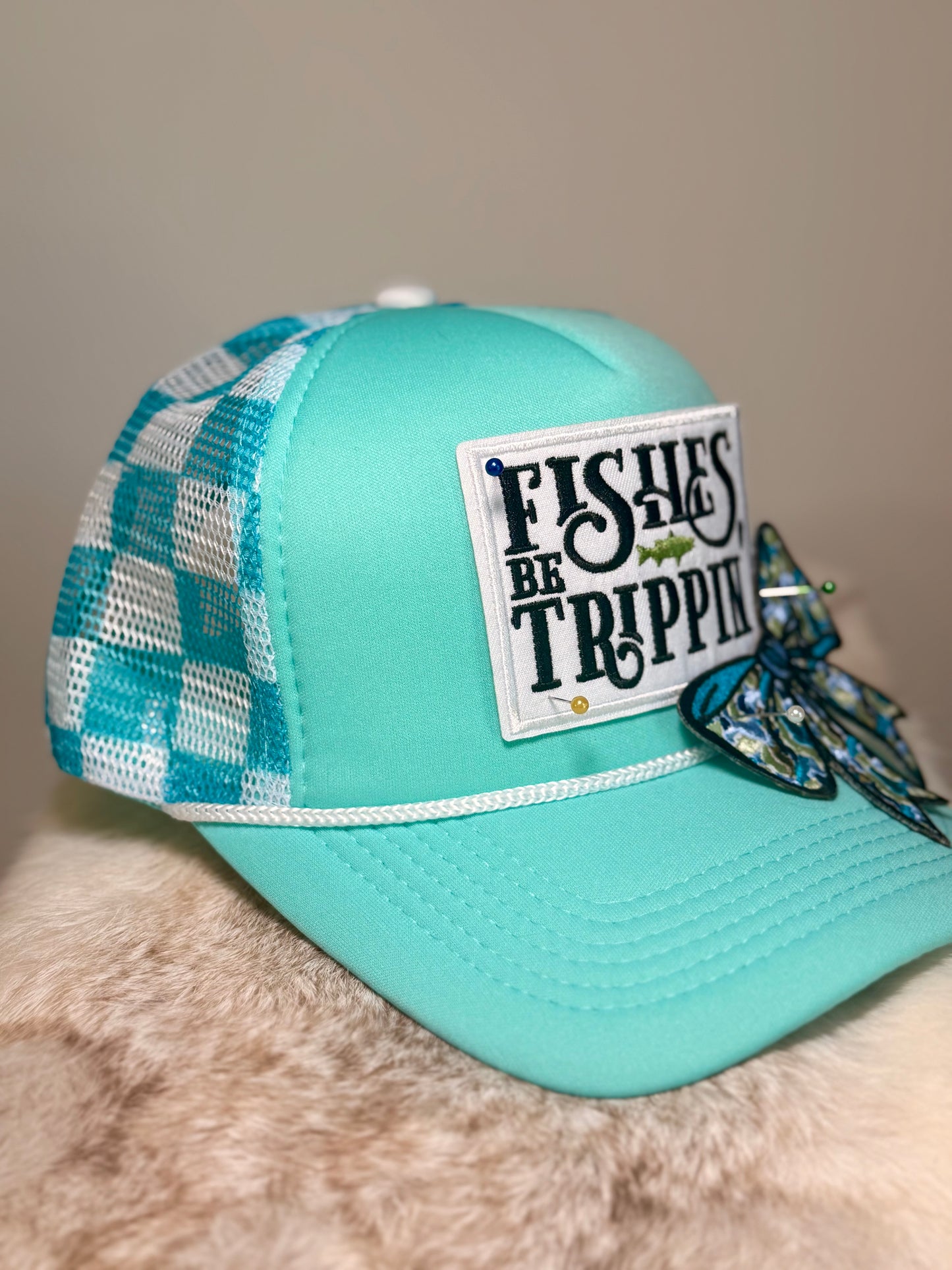 Fish Be Trippin’ Trucker Hat | Funny Fishing Hat | Aqua Fishing Boutique Hat with Camo Bow