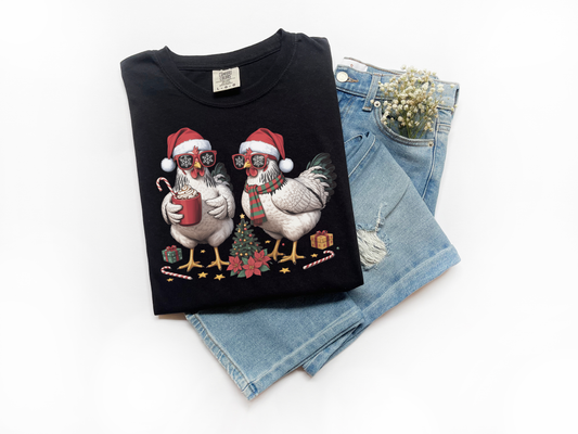 Santa Chickens Christmas Comfort Colors Tee