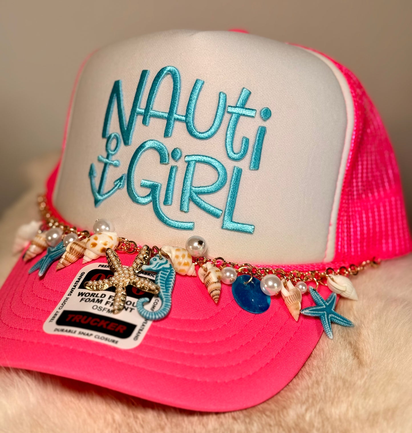 Nauti Girl Coastal Trucker Hat | Pink Beach Hat with Shell Charm Chain | Summer Glam Foam Trucker Cap