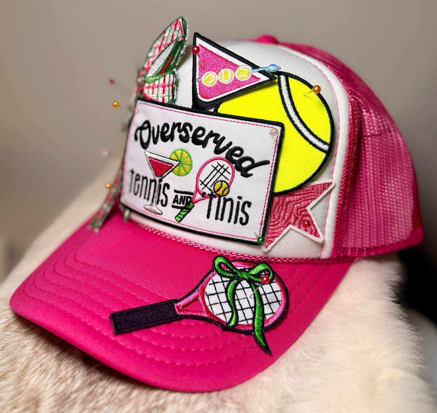 Overserved Tennis & Tinis Trucker Hat | Pink Preppy Tennis Hat | Tennis Inspired Glam Cap