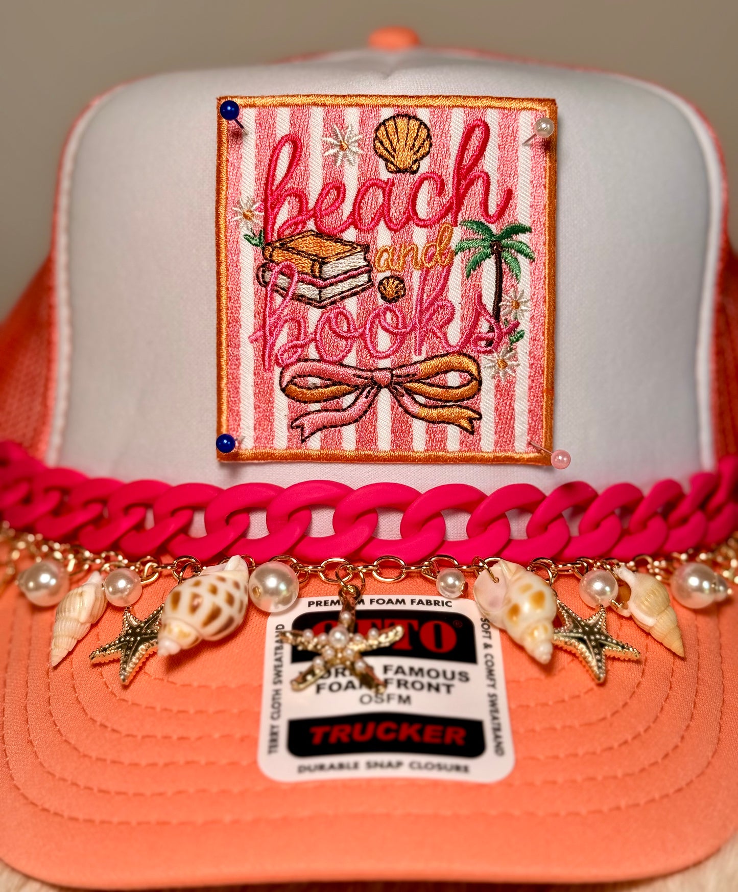 Beach and Books Trucker Hat | Coastal Reader Beach Hat | Pink & Coral Summer Foam Trucker Cap