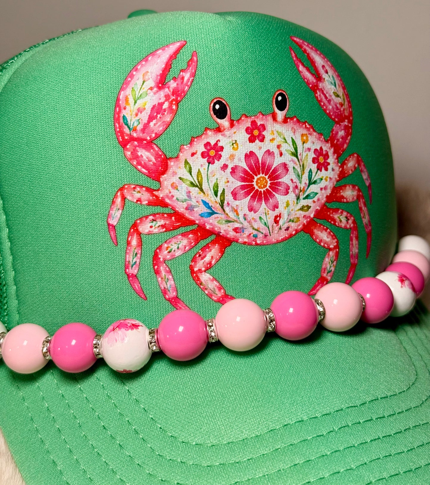 Floral Crab Trucker Hat | Coastal Boutique Beach Hat with Pink Beaded Brim | Cute Summer Coastal Snapback