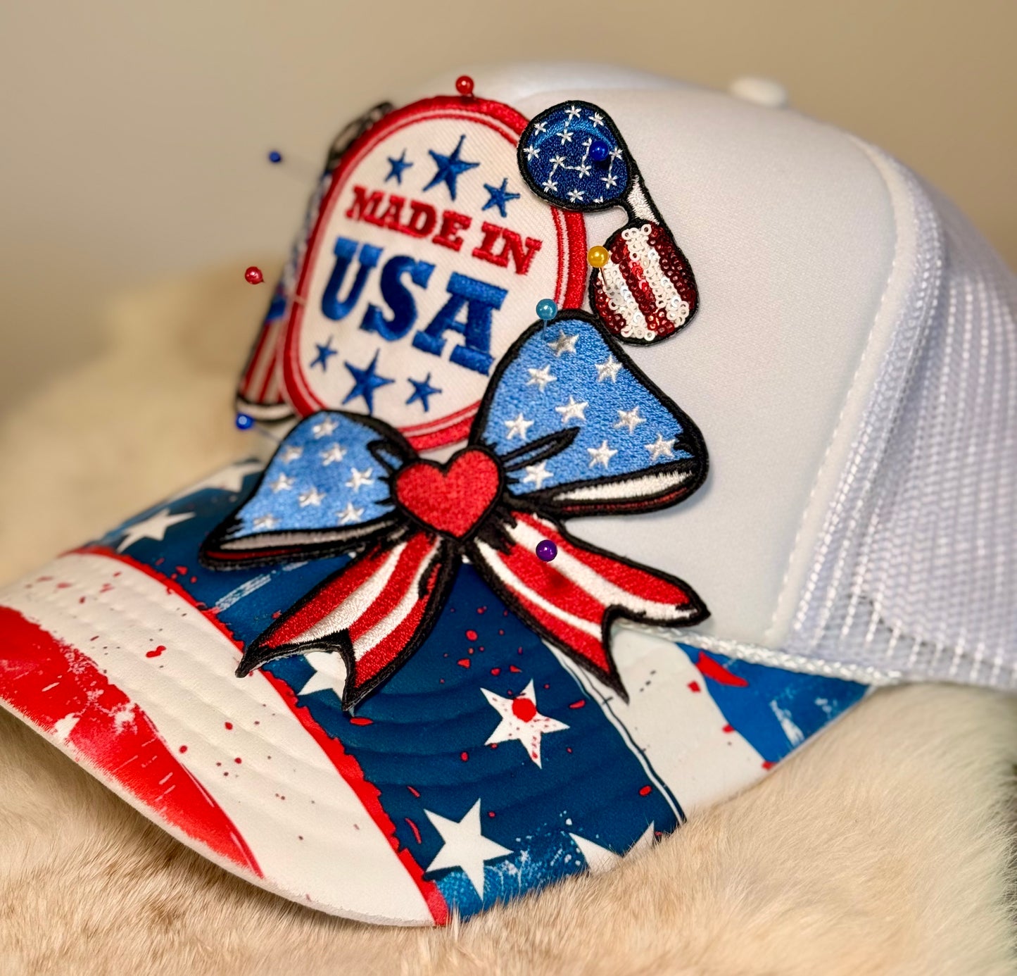 Made in USA Patriotic Trucker Hat | Americana Bow Hat | Fourth of July Boutique Cap