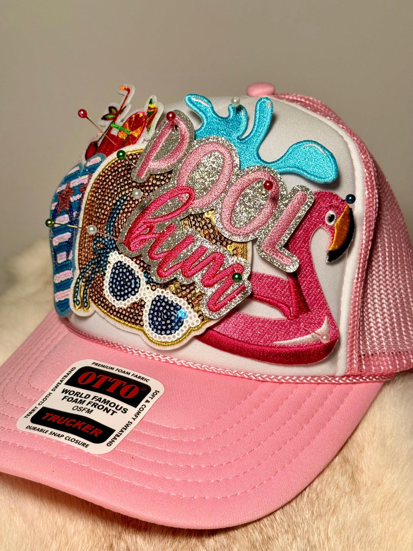 Pool Bum Glam Trucker Hat | Pink Flamingo Poolside Hat | Sparkly Summer Vacation Snapback