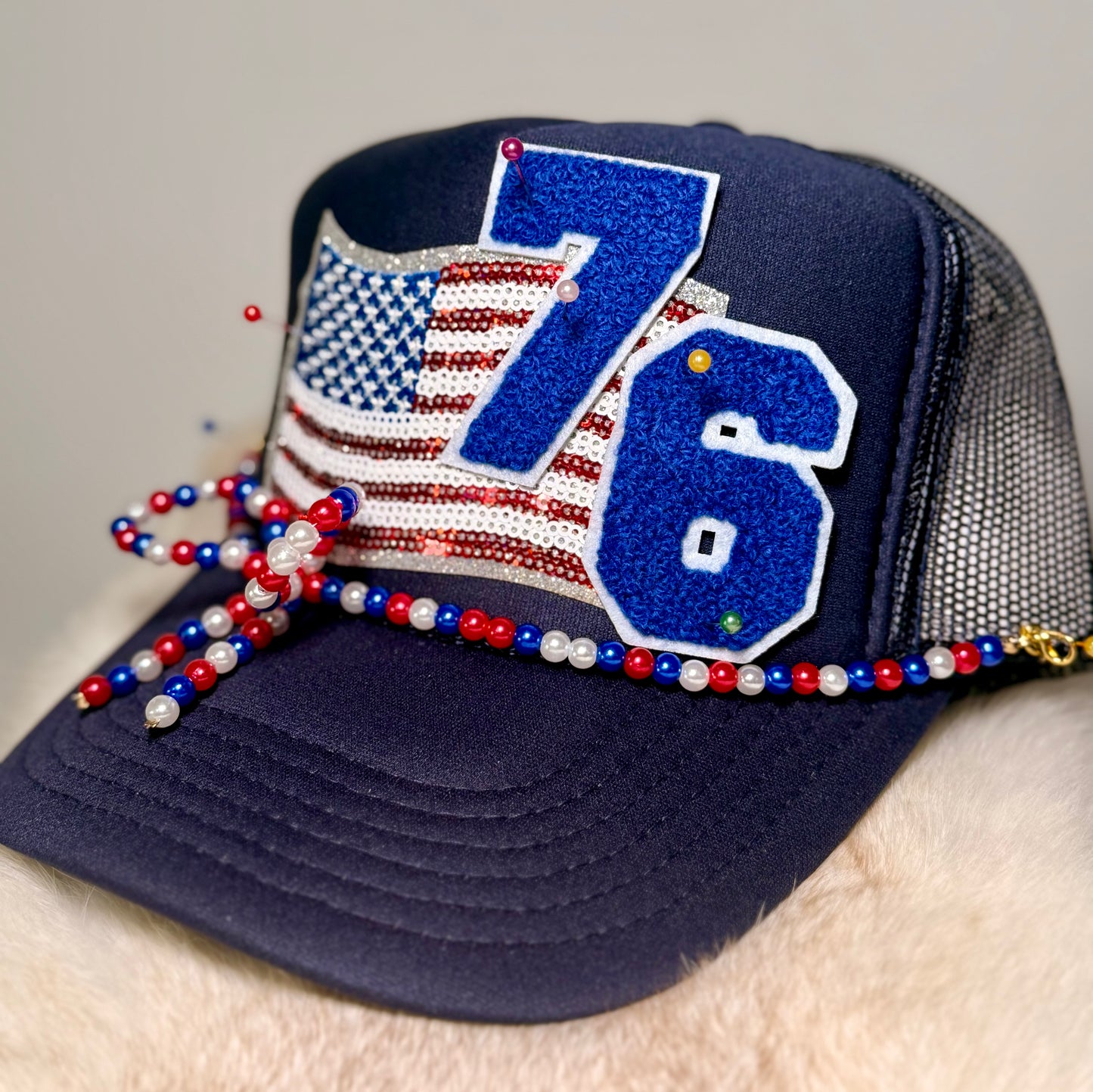 Patriotic 76 Trucker Hat | Americana USA Flag Hat | Red White & Blue Beaded Bow Hat