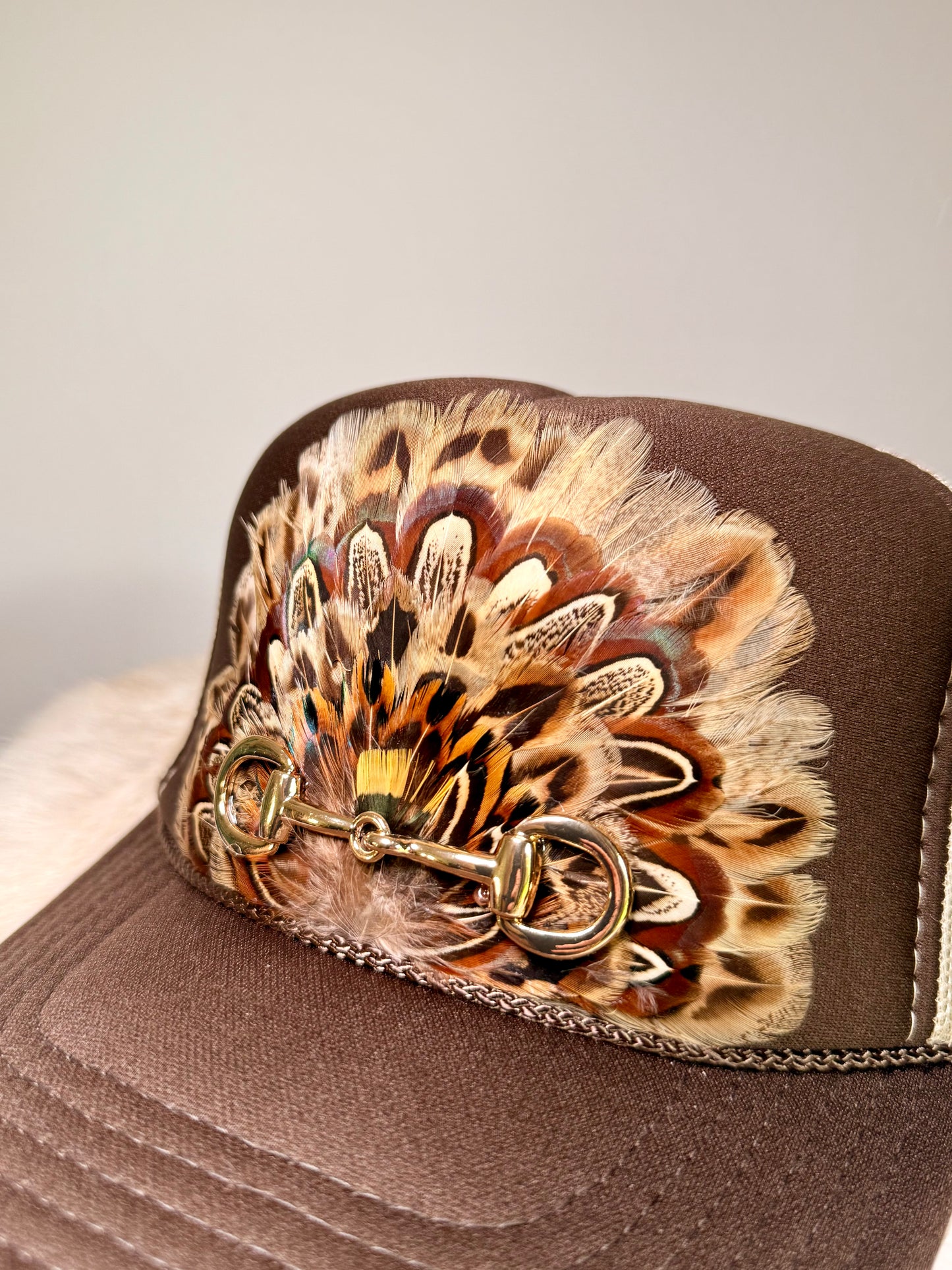 Brown Feather Trucker Hat | Western Horse Bit Hat | Boho Feather Hat | Cowgirl Trucker Hat | Equestrian Hat
