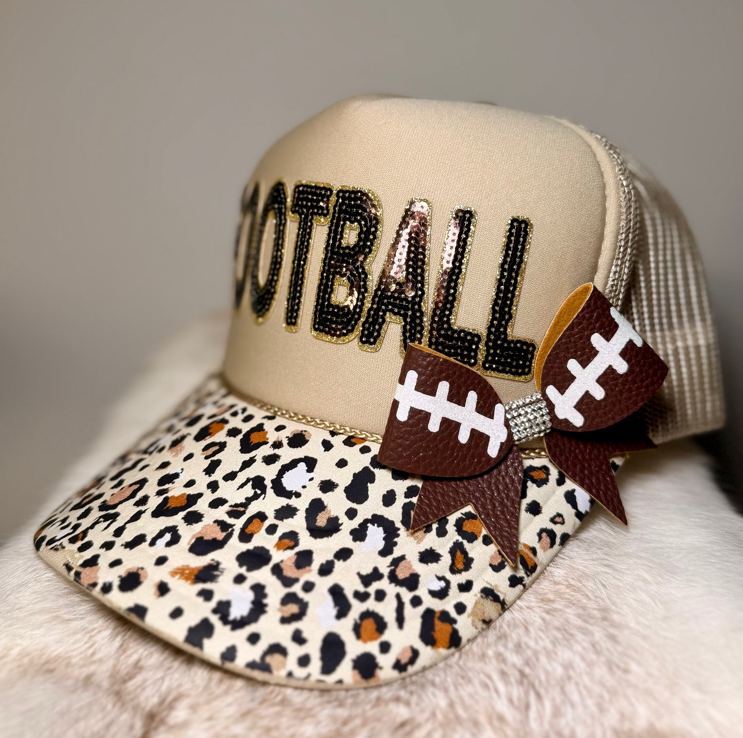 Leopard Football Trucker Hat | Sequin Football Hat | Game Day Trucker Cap | Football Mom Hat | Handmade Bow Hat