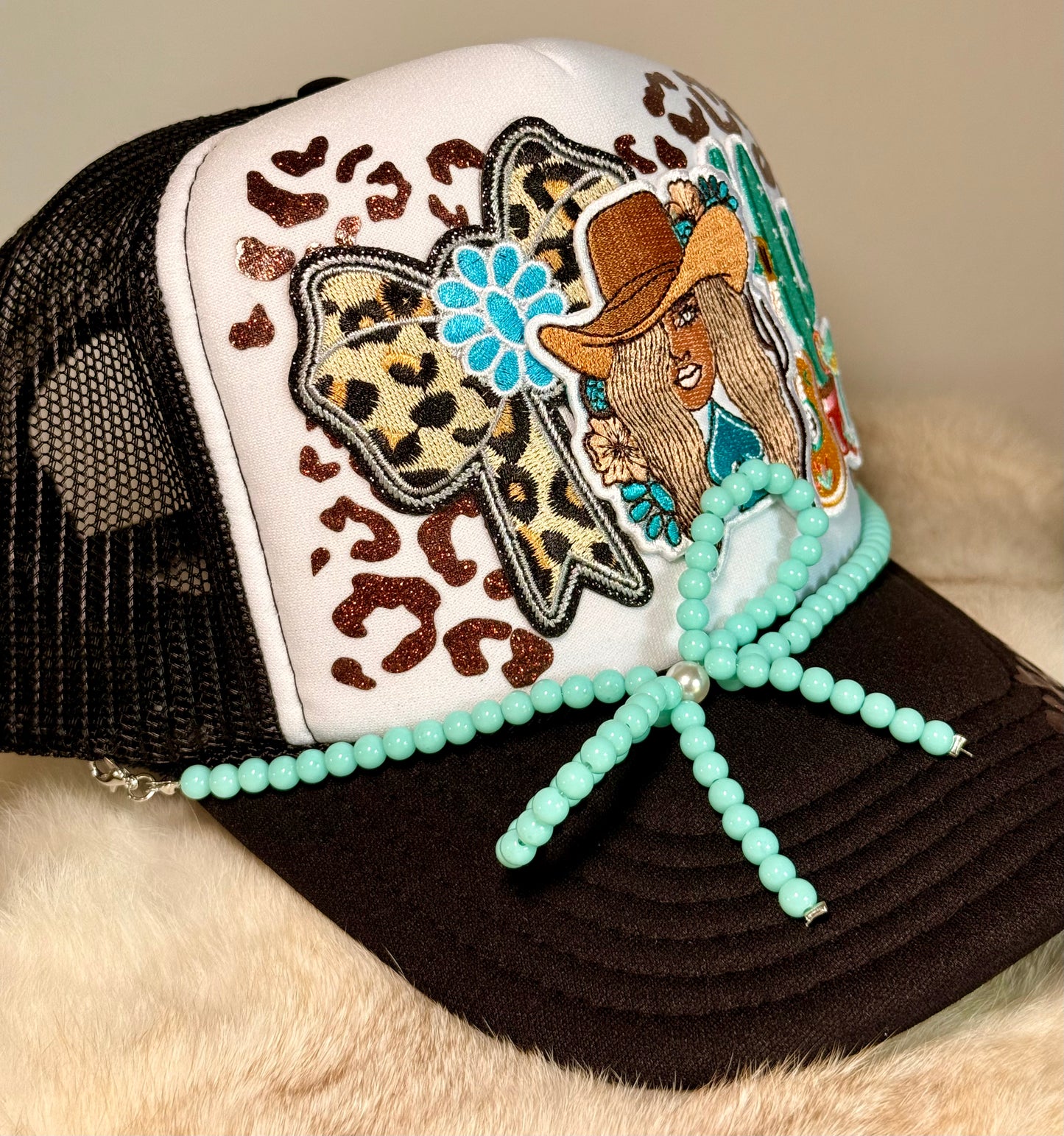 Western Cowgirl Glam Trucker Hat | Leopard & Turquoise Boutique Hat | Southern Boho Western Cap