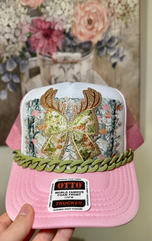 Pink Camo Antler & Bow Trucker Hat