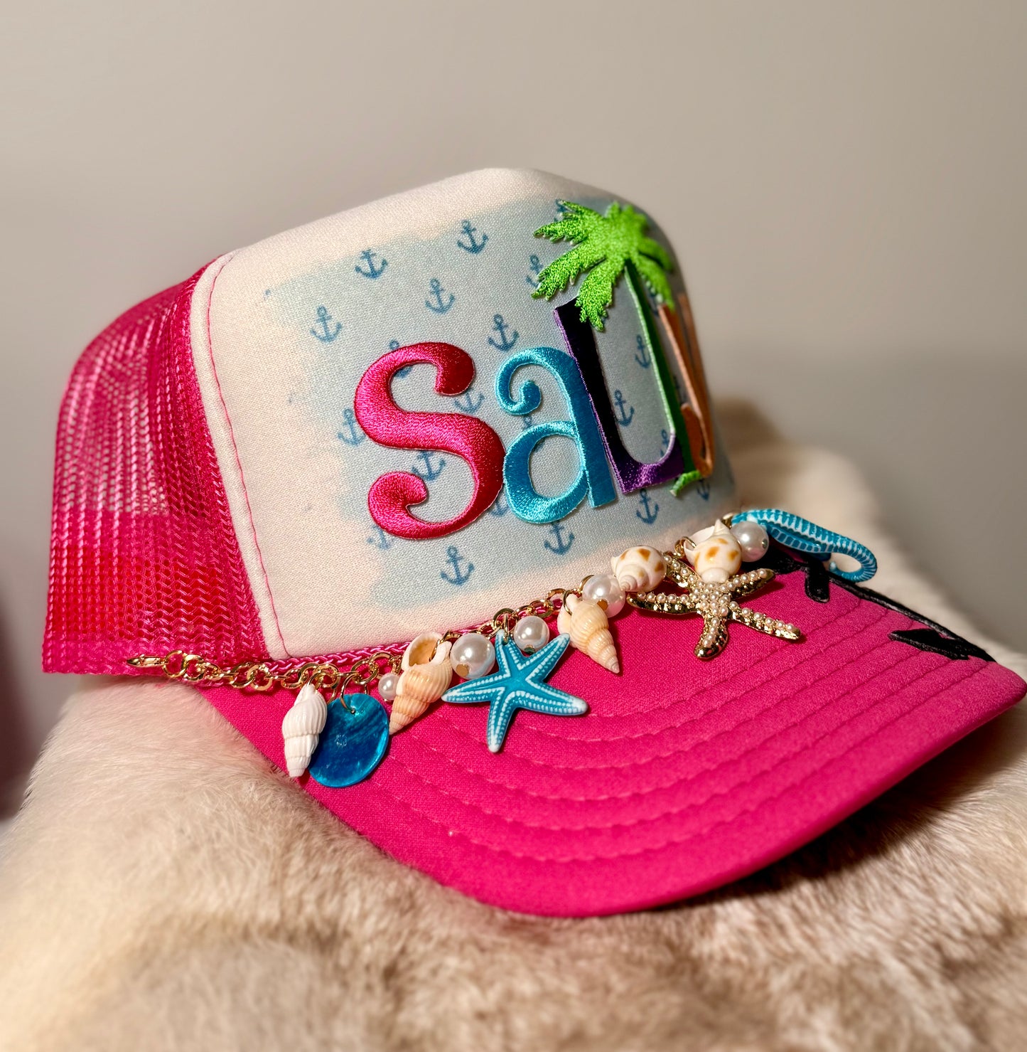 Salty Beach Trucker Hat | Coastal Glam Shell Hat | Pink Tropical Summer Snapback