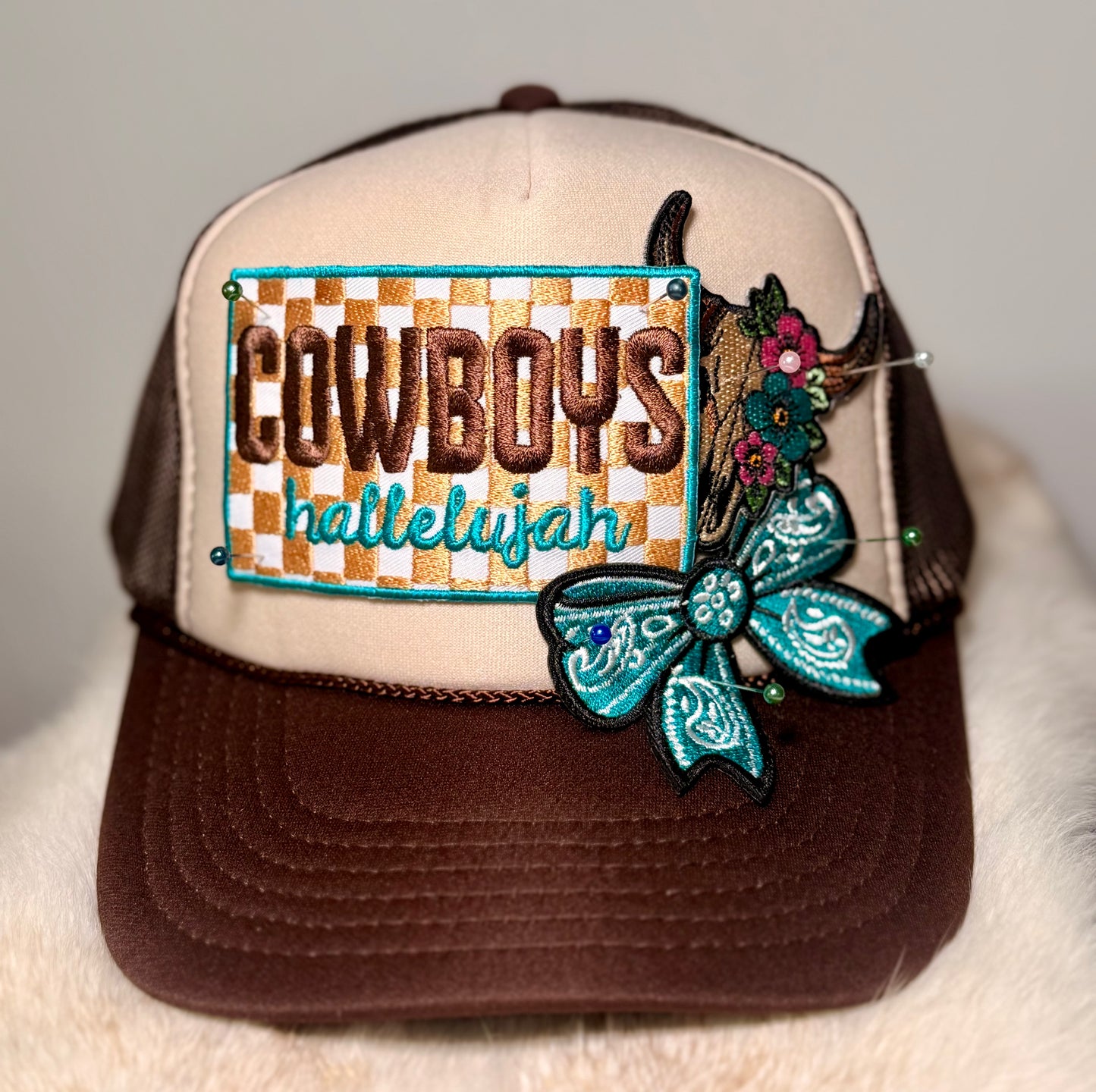 Cowboys Hallelujah Western Trucker Hat | Turquoise Bow & Floral Cow Skull Patch Hat