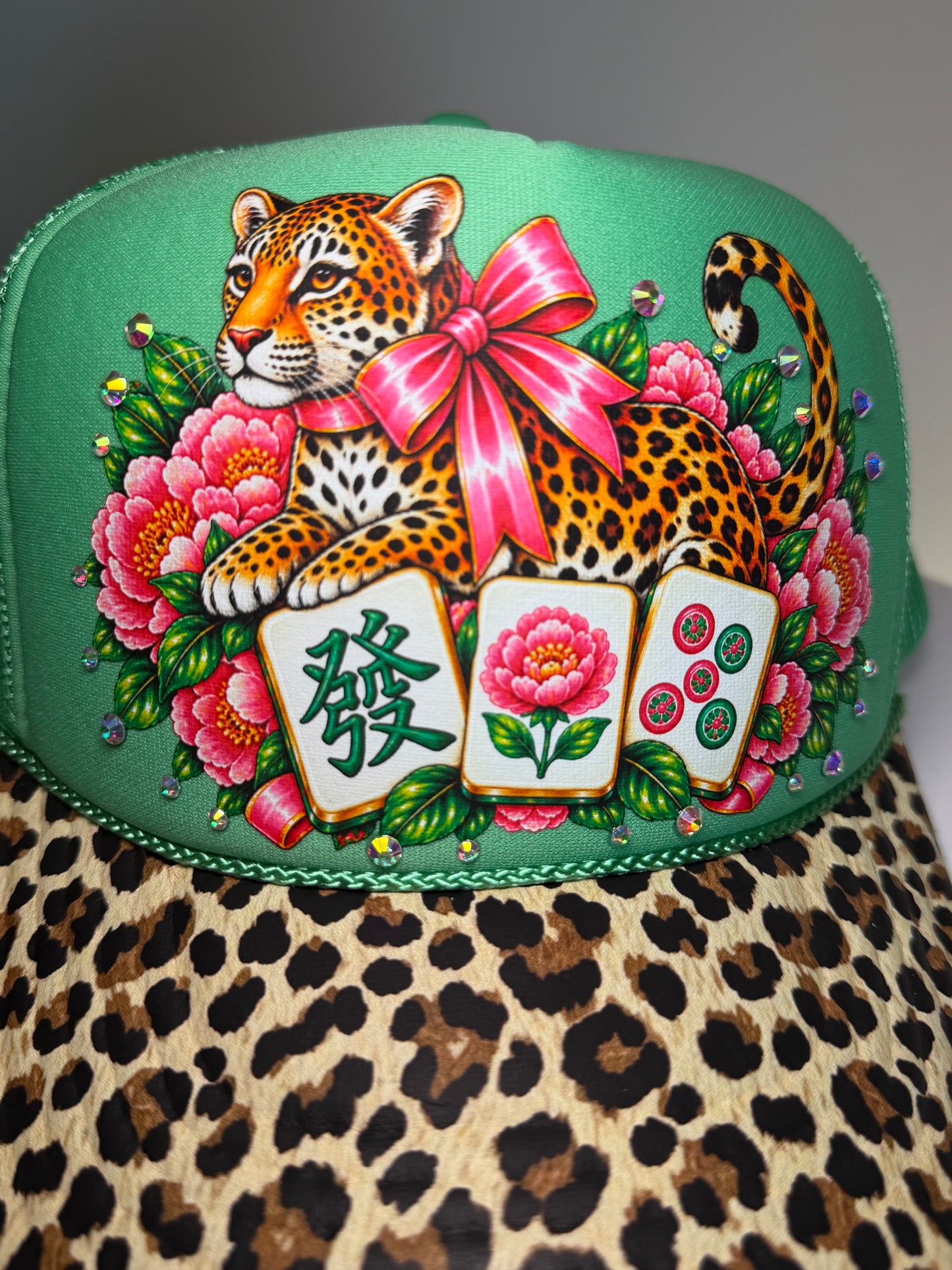 Mahjong Trucker Hat, Leopard Print Brim, Pink Bow Mahj Hat, Rhinestone Mahjong Hat, Women’s Mahjong Gift