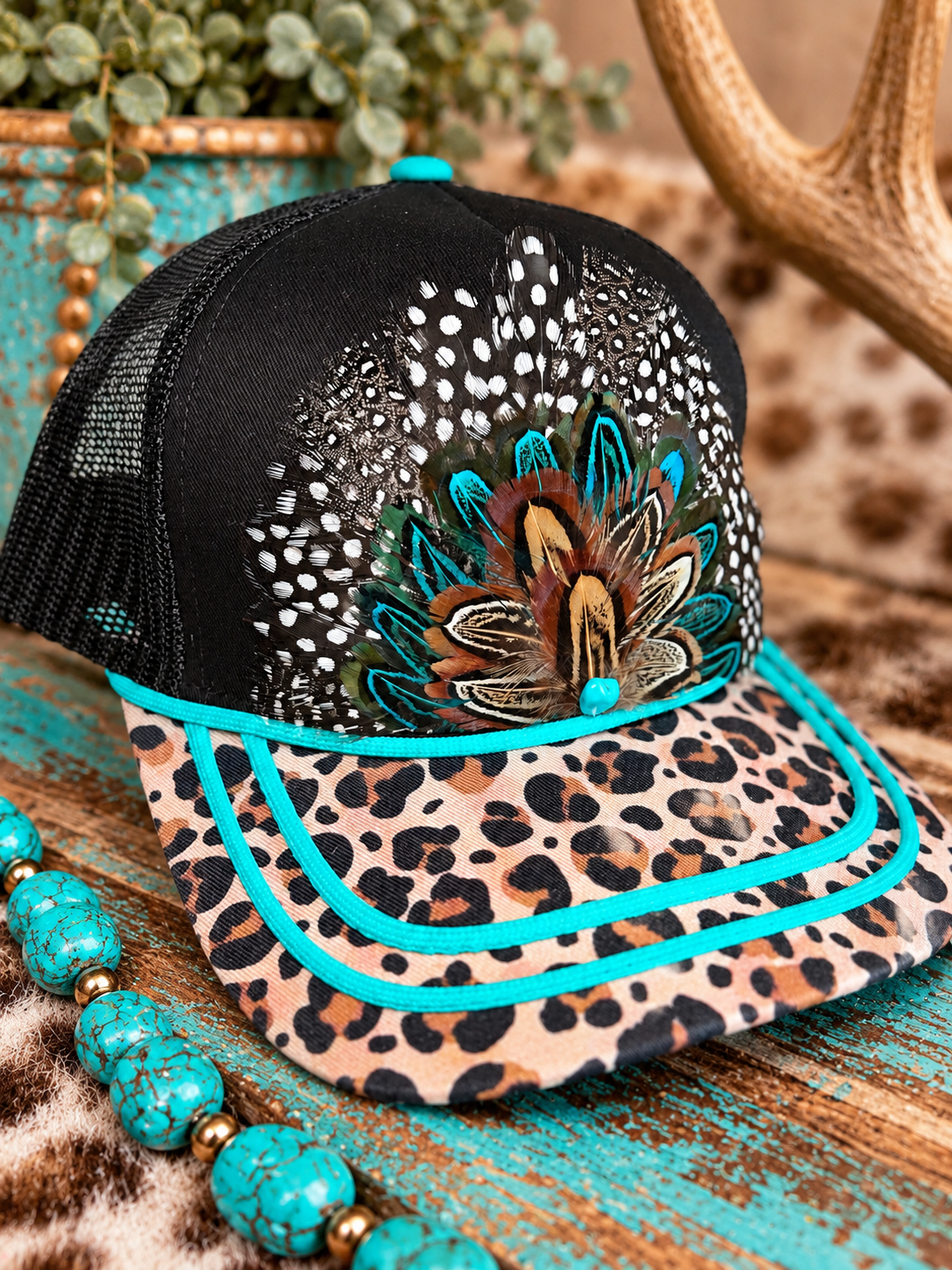 Turquoise & Leopard Feather Trucker Hat | Western Boutique Statement Cap
