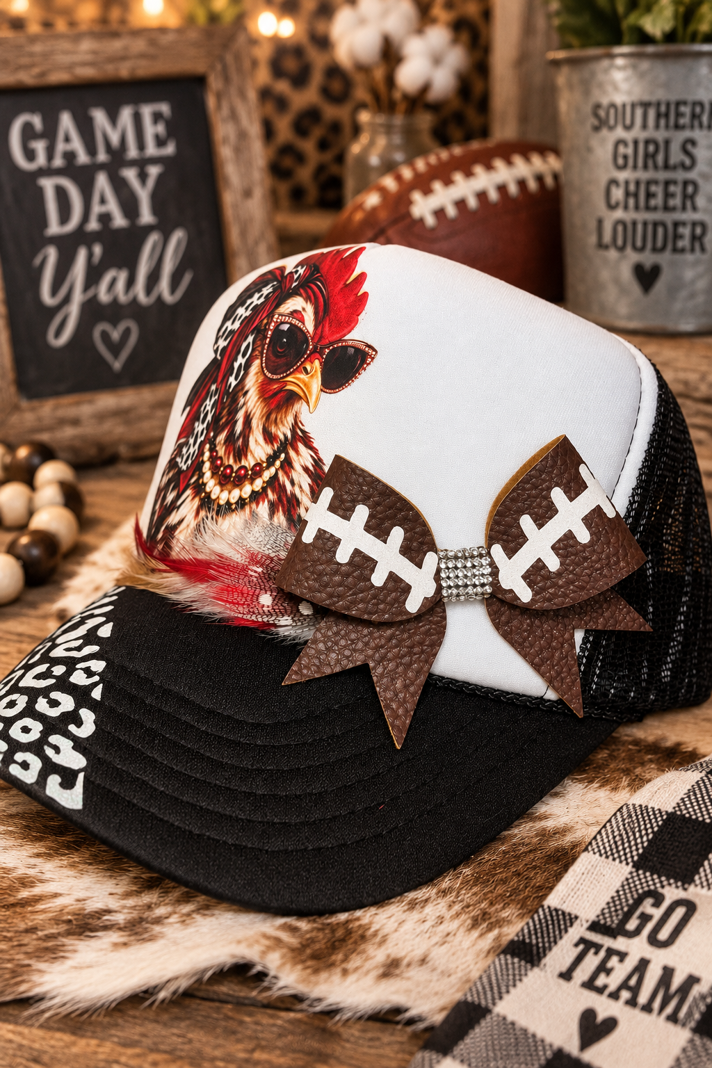 Game Day Cluckin’ Cute Trucker Hat – Football Bow & Sassy Chicken