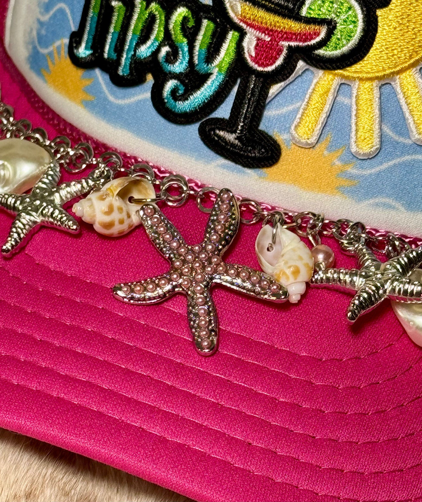 Tanned & Tipsy Trucker Hat with Shell Chain – Beach Vacation Hat, Girls Trip Hat, Summer Cocktail Hat, Coastal Cowgirl Style