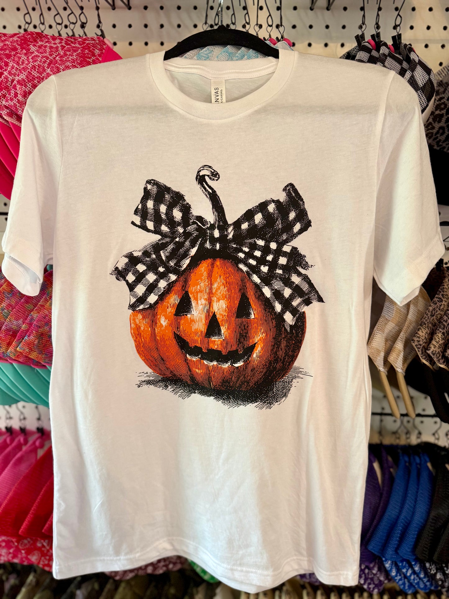 Smiling Pumpkin with Plaid Bow Tee - Fall Graphic Shirt