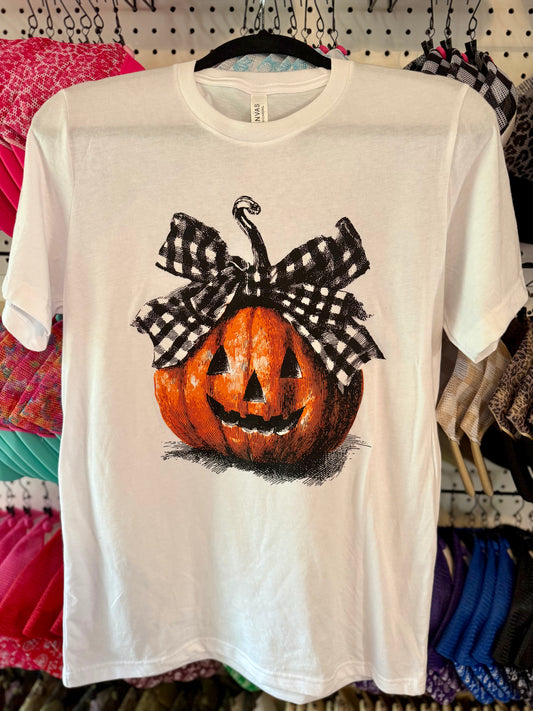 Smiling Pumpkin with Plaid Bow Tee - Fall Graphic Shirt