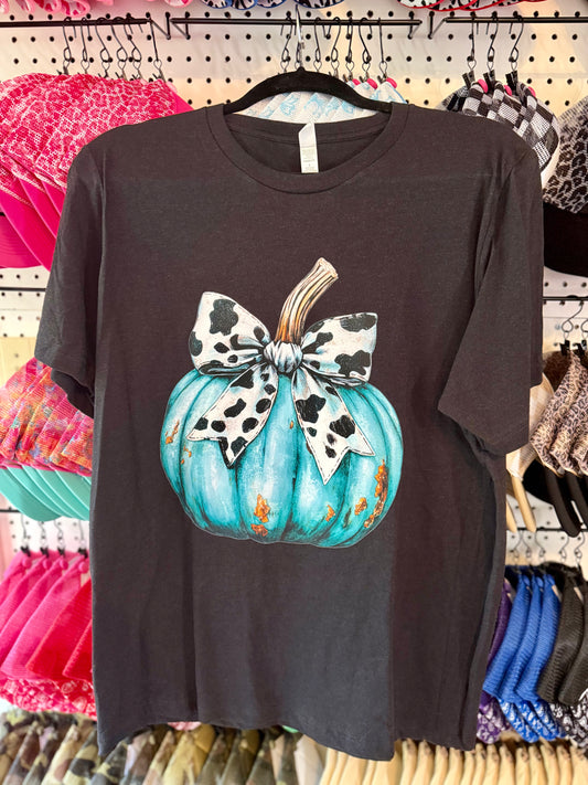 Turquoise Cowhide Bow Pumpkin Tee - Fall Graphic Shirt