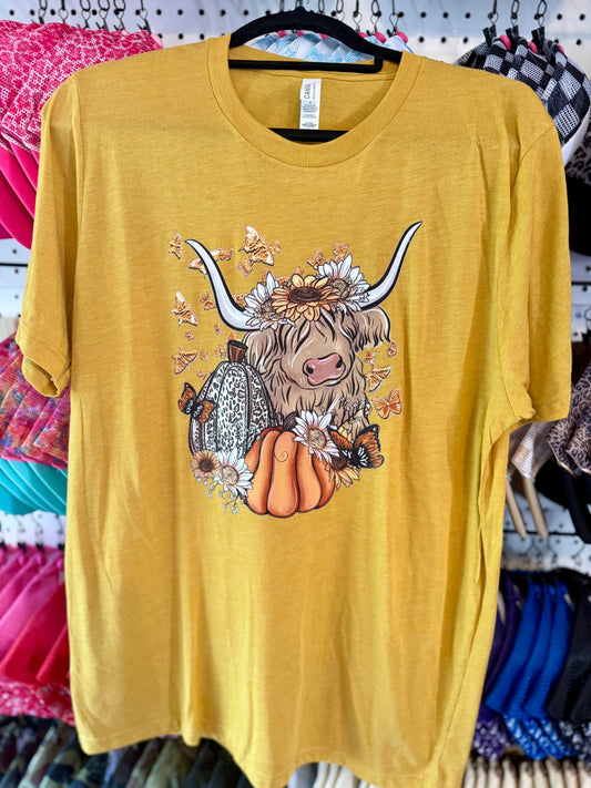 Fall Highland Cow Tee - Sunflower & Pumpkin Graphic Shirt