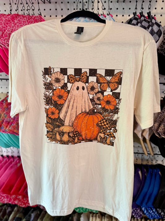 Leopard Bow Ghost Tee – Fall Floral Pumpkin Halloween Shirt