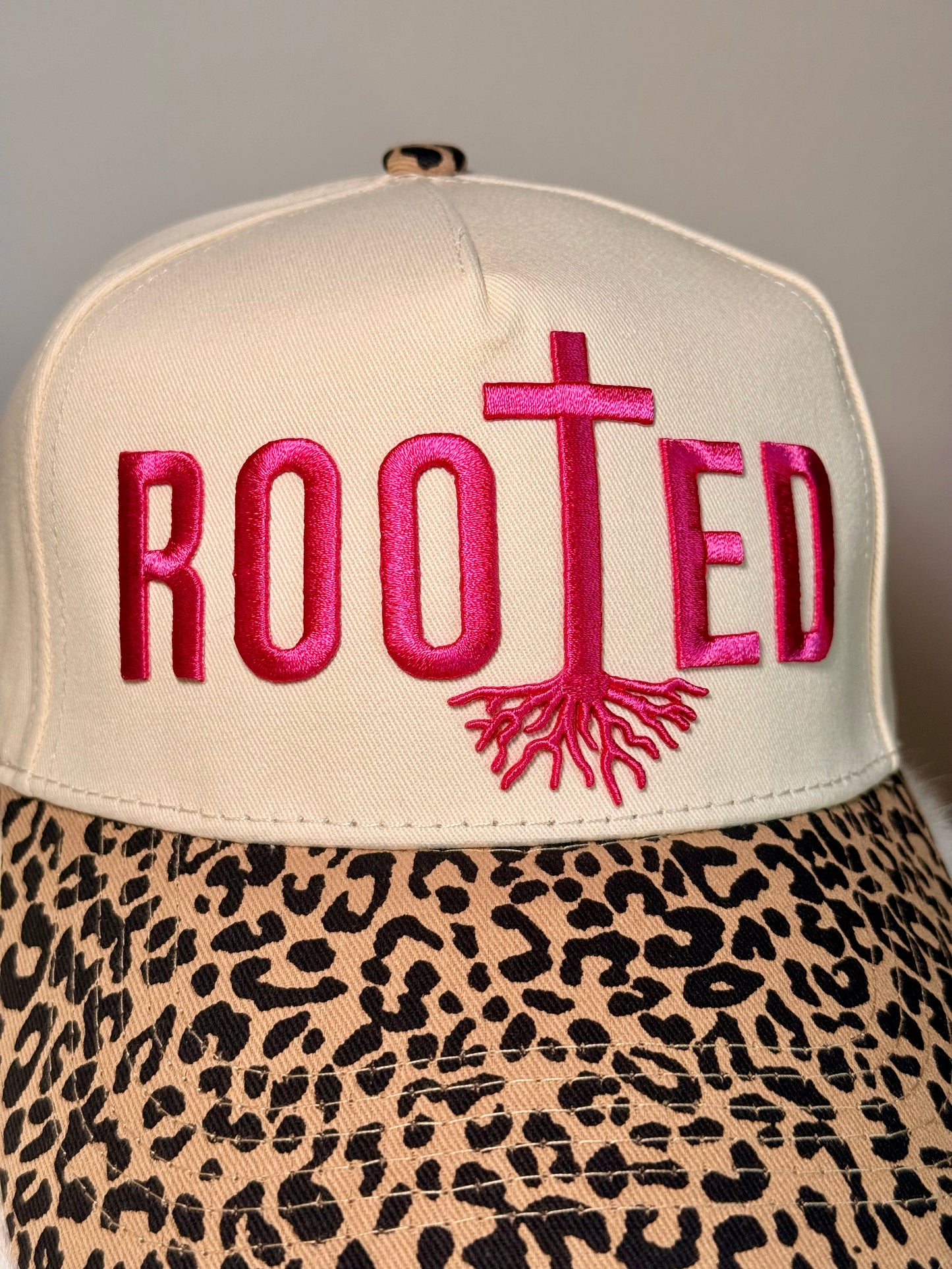 Rooted Leopard Trucker Hat | Faith Based Christian Hat | Pink Embroidered Boutique Snapback