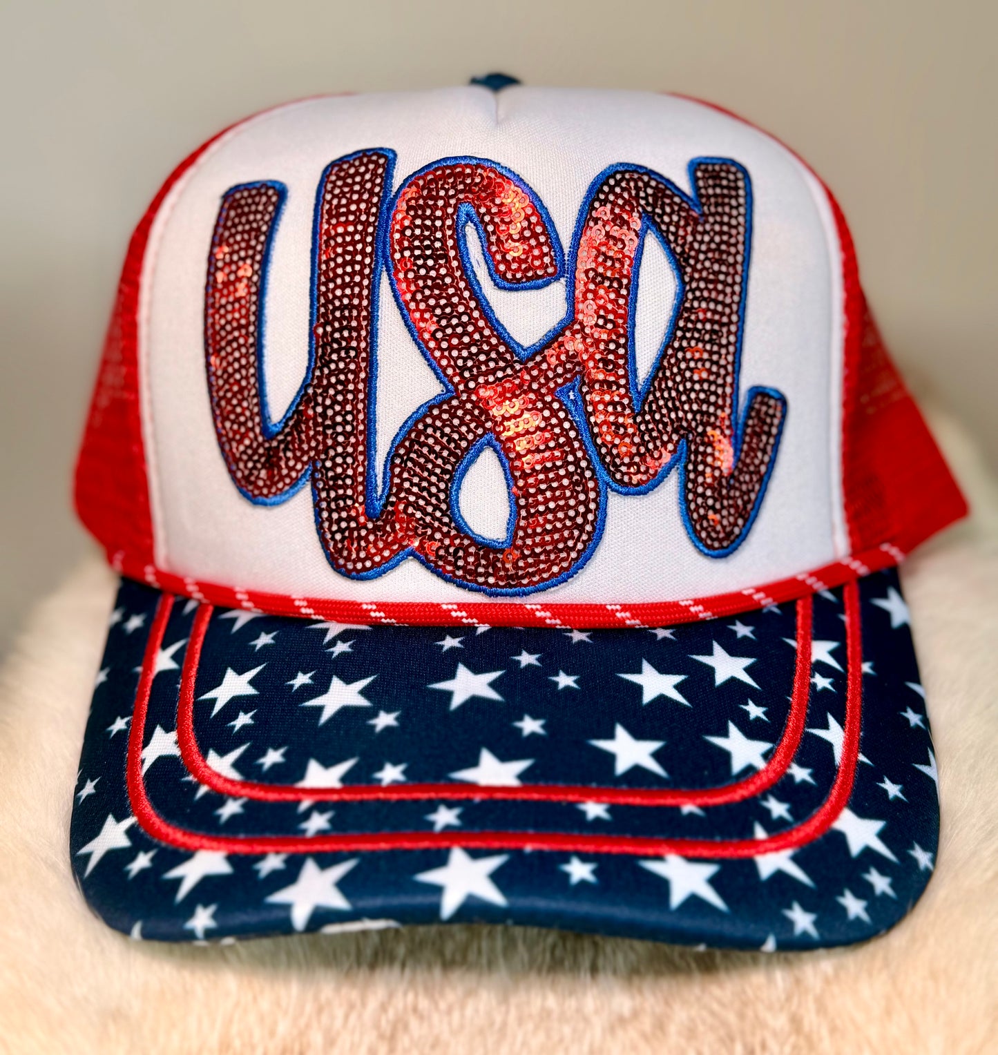 Rhinestone USA Trucker Hat | Patriotic Sparkle Hat | Red White Blue Boutique Snapback | Fourth of July Glam Hat