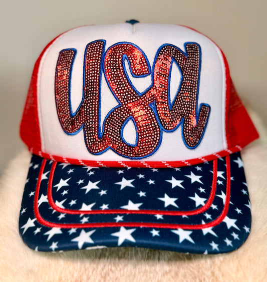 Rhinestone USA Trucker Hat | Patriotic Sparkle Hat | Red White Blue Boutique Snapback | Fourth of July Glam Hat