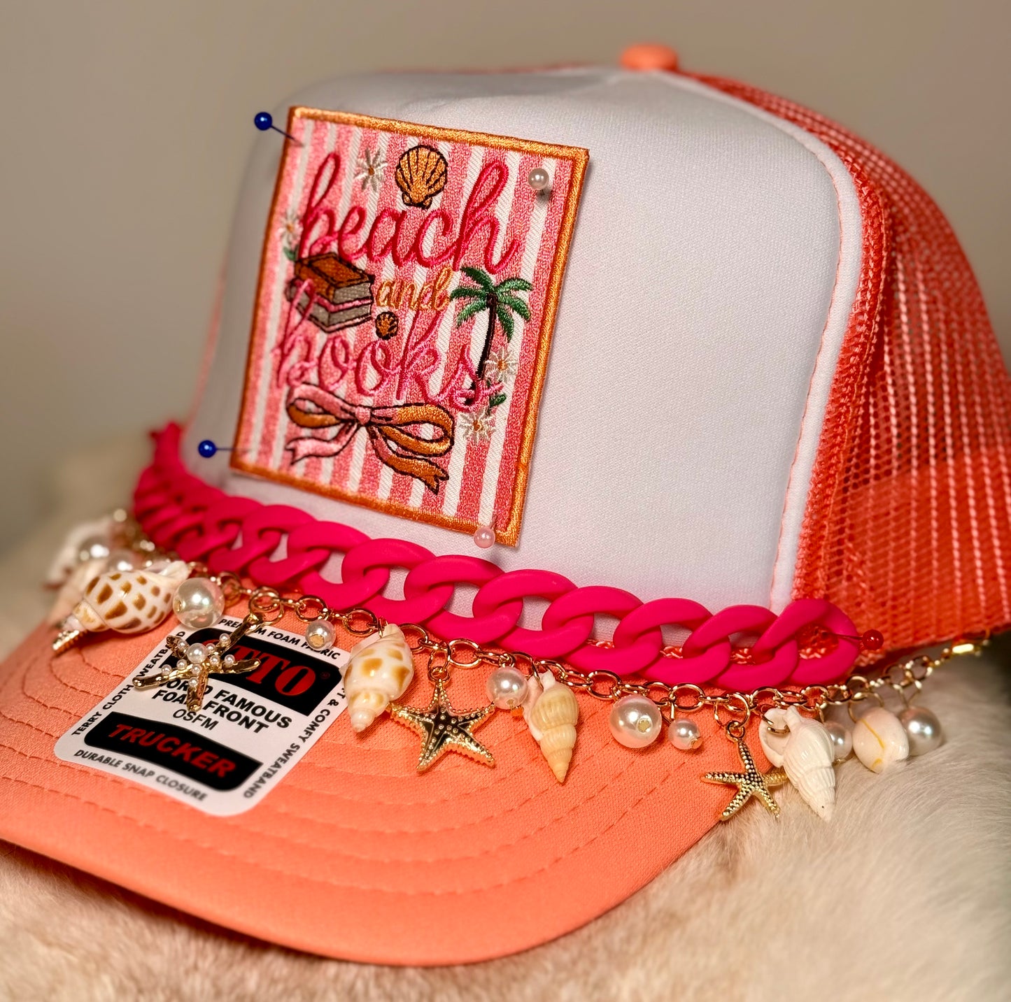 Beach and Books Trucker Hat | Coastal Reader Beach Hat | Pink & Coral Summer Foam Trucker Cap