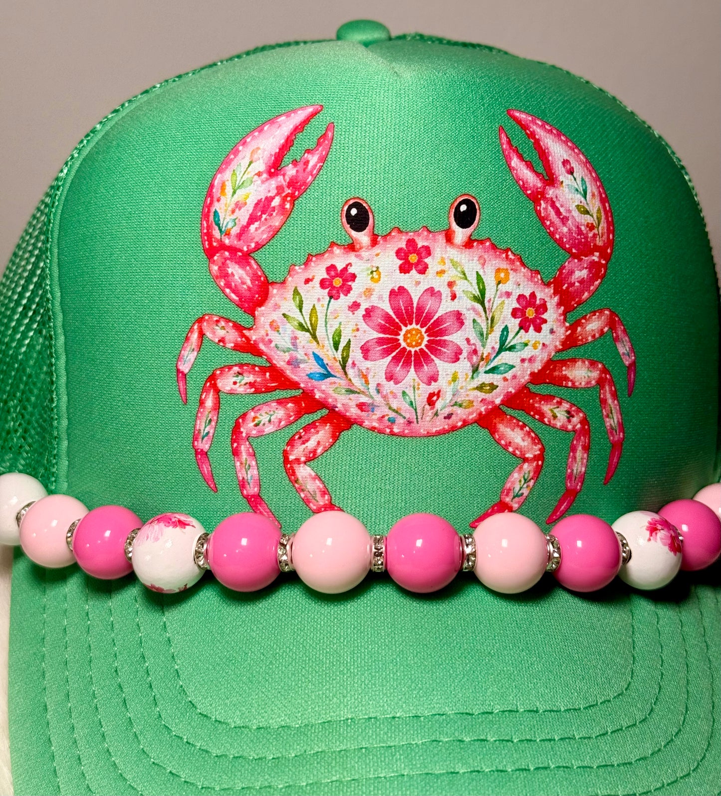 Floral Crab Trucker Hat | Coastal Boutique Beach Hat with Pink Beaded Brim | Cute Summer Coastal Snapback