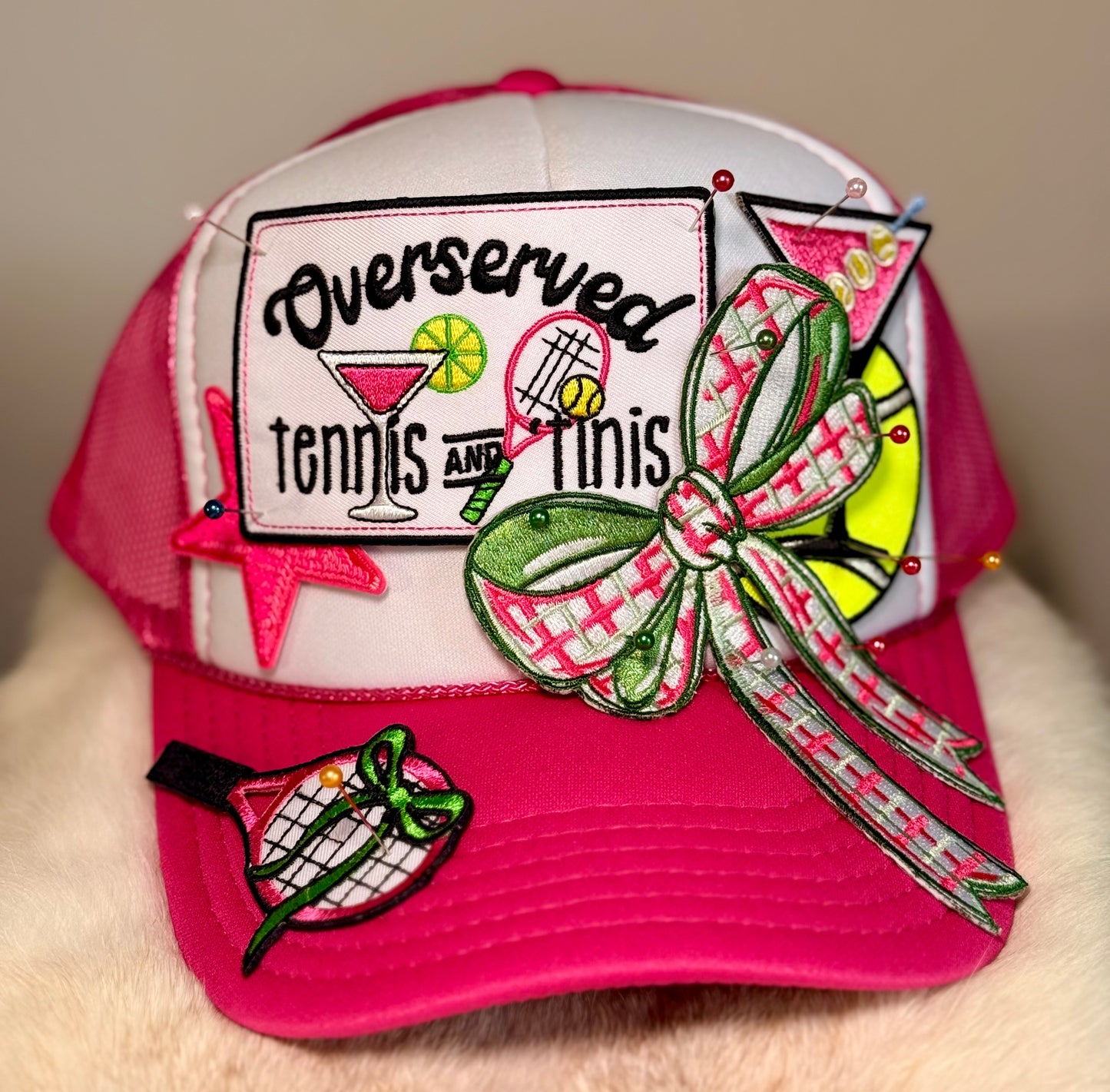 Overserved Tennis & Tinis Trucker Hat | Pink Preppy Tennis Hat | Tennis Inspired Glam Cap