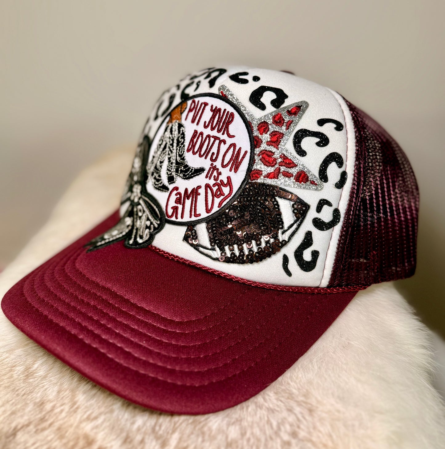 Western Football Game Day Trucker Hat | Cowboy Boots Game Day Hat | Burgundy Football Hat | Handmade Tailgate Cap