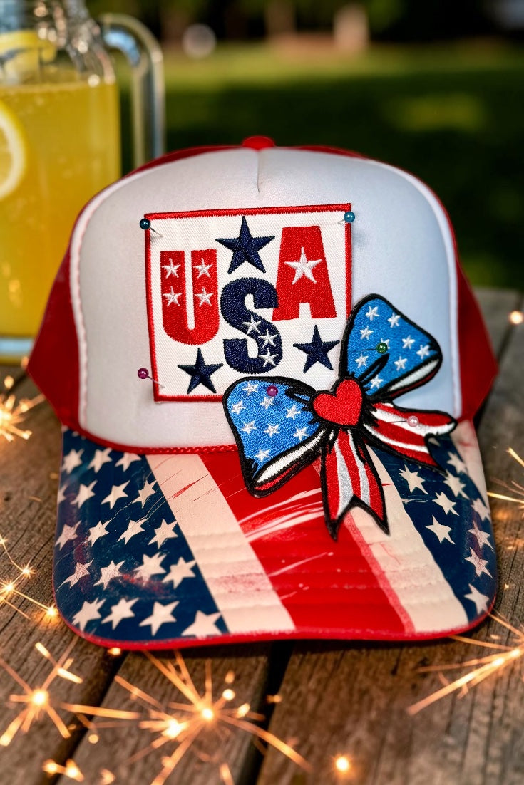 USA Patriotic Boutique Trucker Hat | Americana Bow Hat | Red White & Blue Fourth of July Snapback | Custom USA Hat