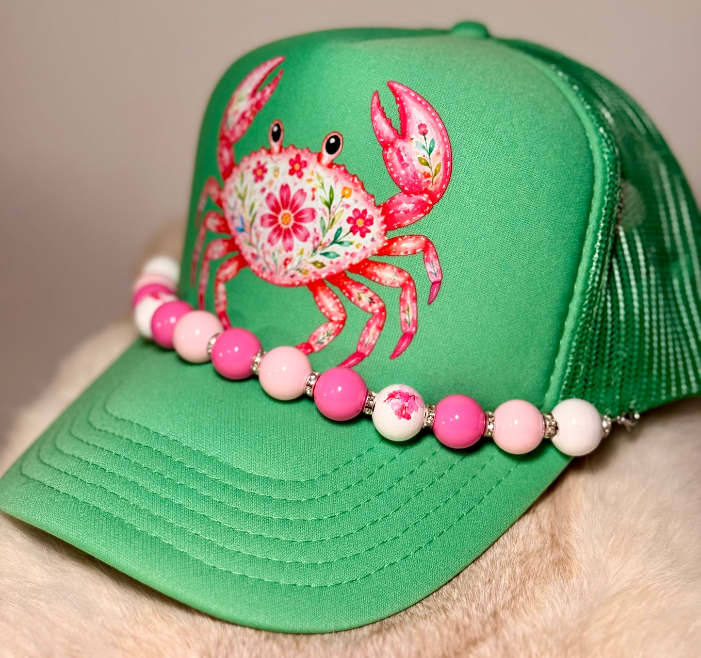 Floral Crab Trucker Hat | Coastal Boutique Beach Hat with Pink Beaded Brim | Cute Summer Coastal Snapback