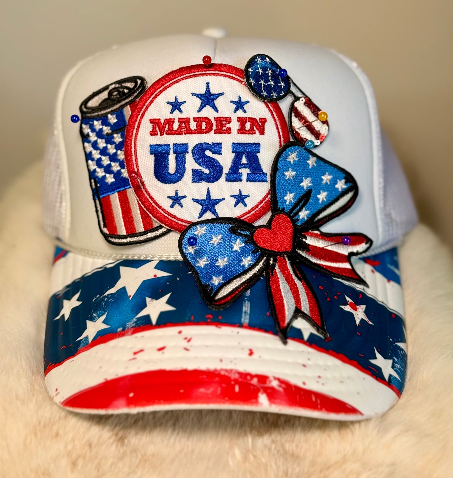 Made in USA Patriotic Trucker Hat | Americana Bow Hat | Fourth of July Boutique Cap