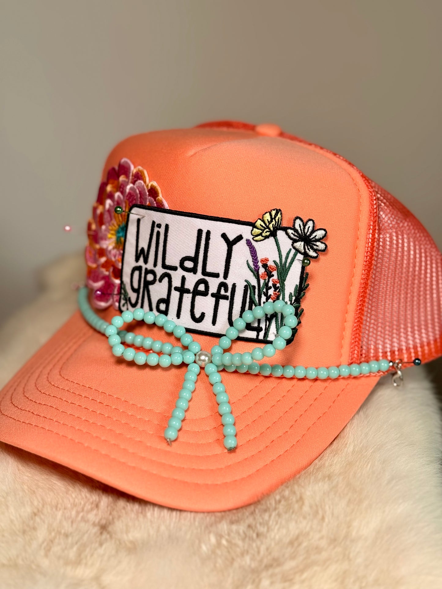 Wildly Grateful Trucker Hat, Inspirational Hat, Faith Based Hat, Floral Patch Hat, Cute Boutique Hat, Positive Quote Hat, Christian Gift for Her