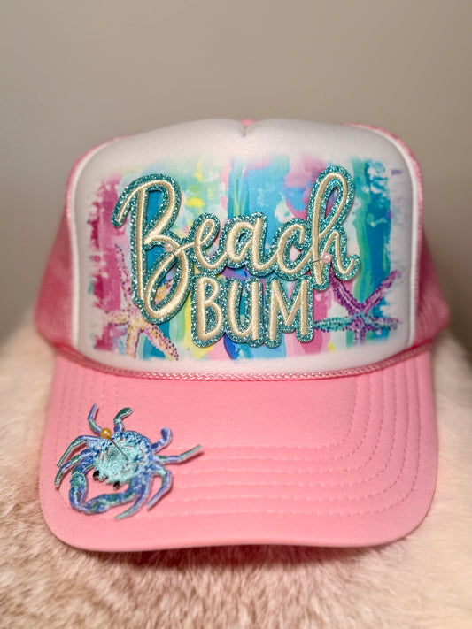 Beach Bum Trucker Hat | Coastal Beach Hat | Pink Summer Boutique Hat with Crab Accent