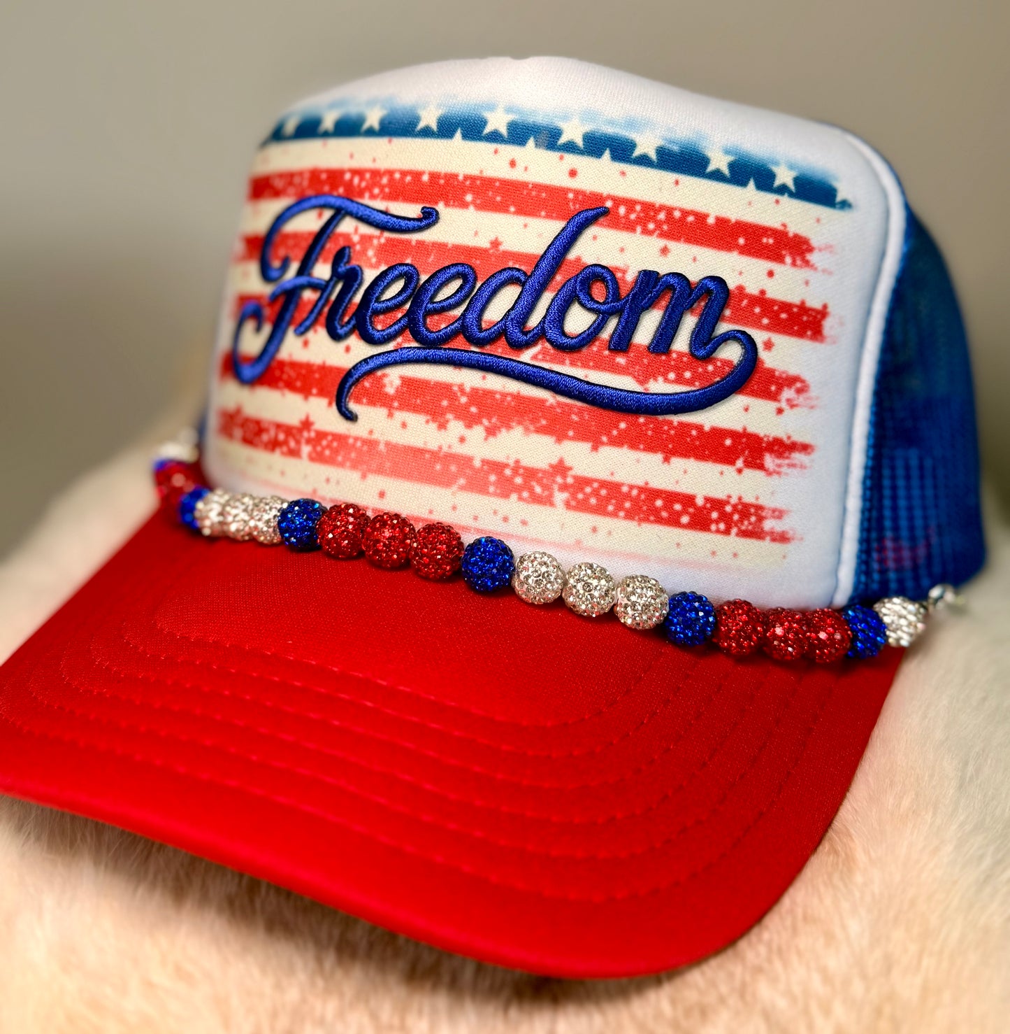 Freedom Patriotic Trucker Hat | Red White Blue Rhinestone Beaded Hat | American Boutique Snapback | Fourth of July Hat