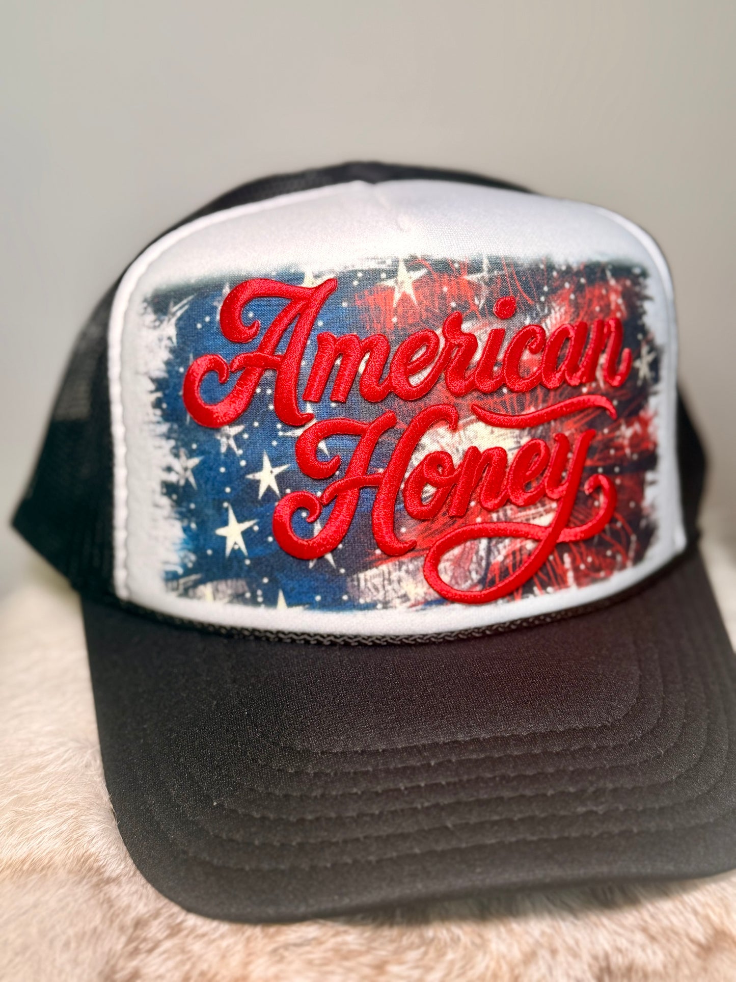 American Honey Trucker Hat | Patriotic Women’s Hat | Embroidered USA Fourth of July Hat | Red White Blue Country Hat